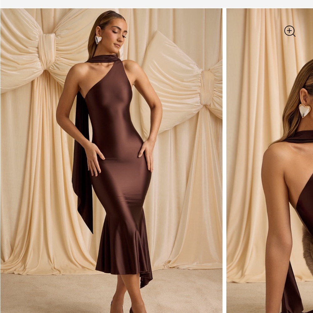 Oh Polly Shaya Chocolate One-Shoulder Dress US4 UK8